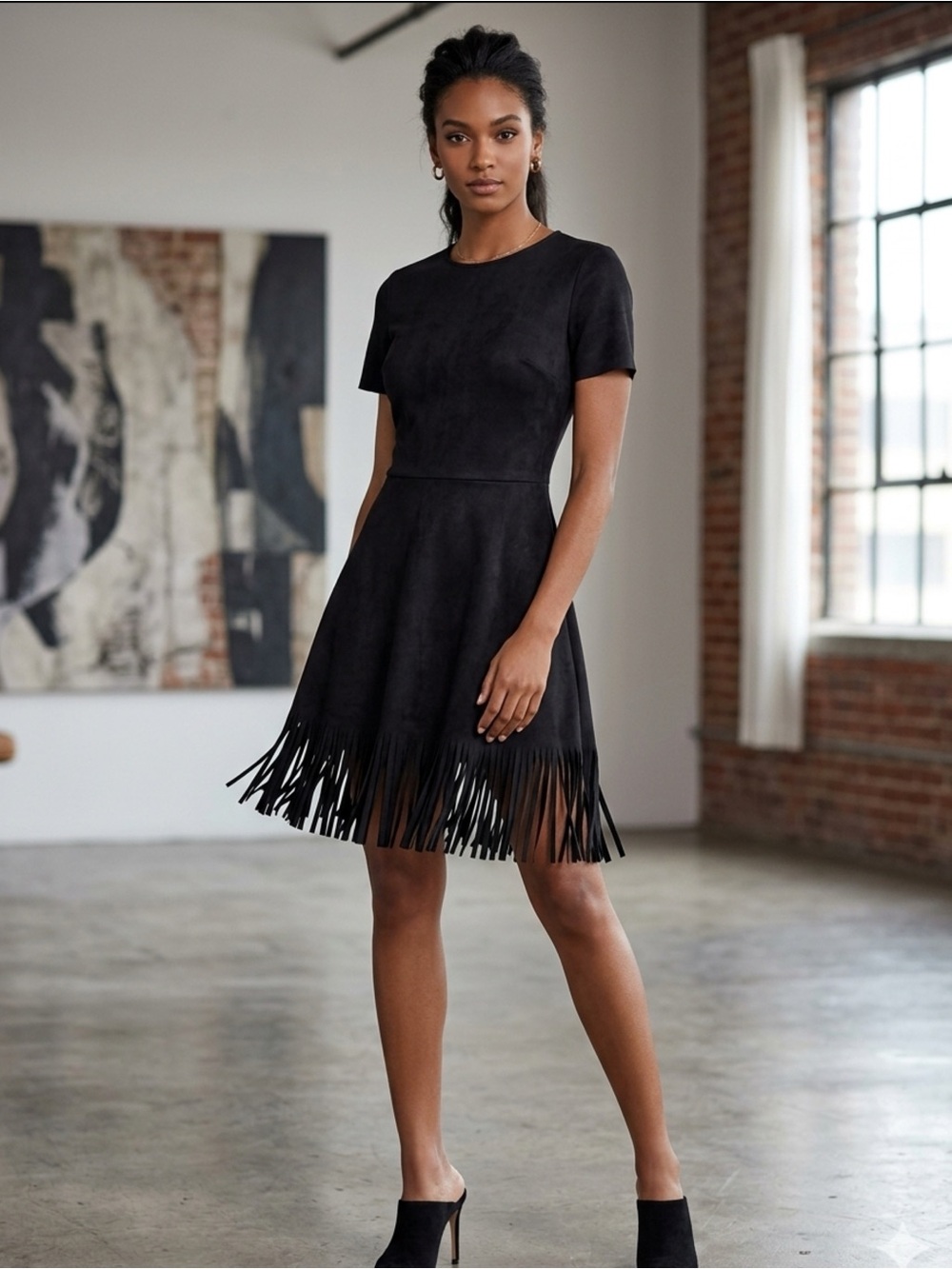 Love…Ady Faux Suede Fringe Hem Mini LBD Skater Quiet Luxury Western Chic Dress L